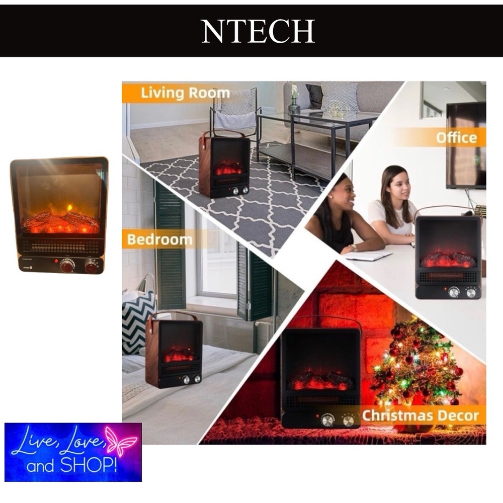 NTECH 1500W Portable Electric Fireplace Space Heater, EUC